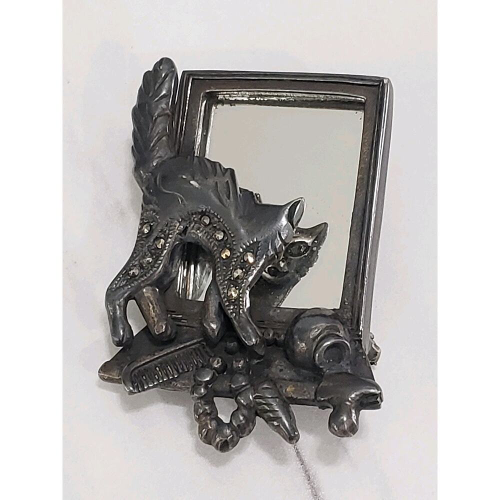 RARE CAT LOOKING‎ AT THE MIRROR 925 STERLING SILVER BROOCH HALLOWEEN VINTAGE